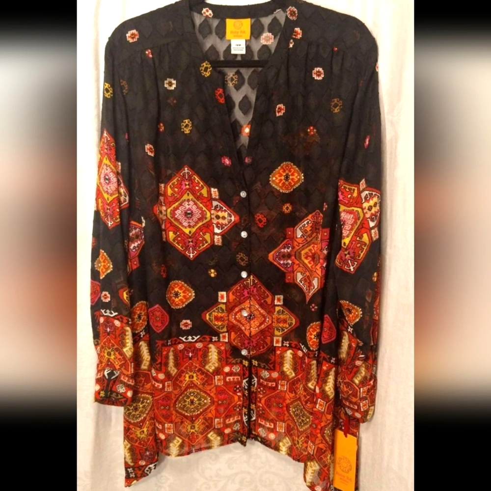 Ruby Rd Woman Semi Sheer Boho Print Tunic Blouse Women's Size 18W